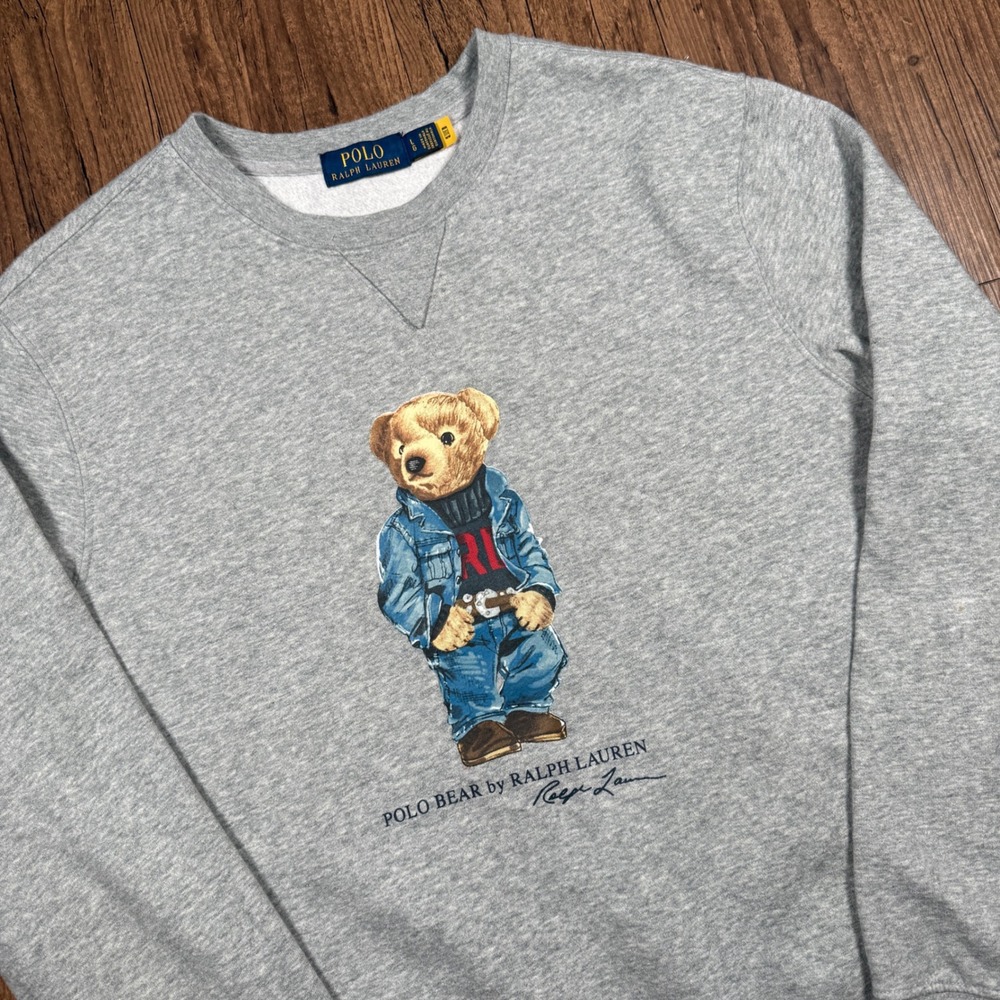 Polo Ralph Lauren Polo Bear Fleece Sweatshirt Mens L Gray Denim Outfit Crewneck